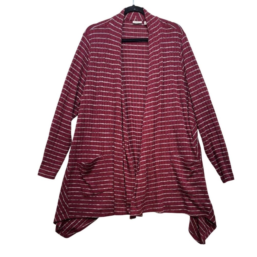 L.O.G.O. Lori Goldstein Womens Open Front Cardigan Sweater Red & Gray Striped